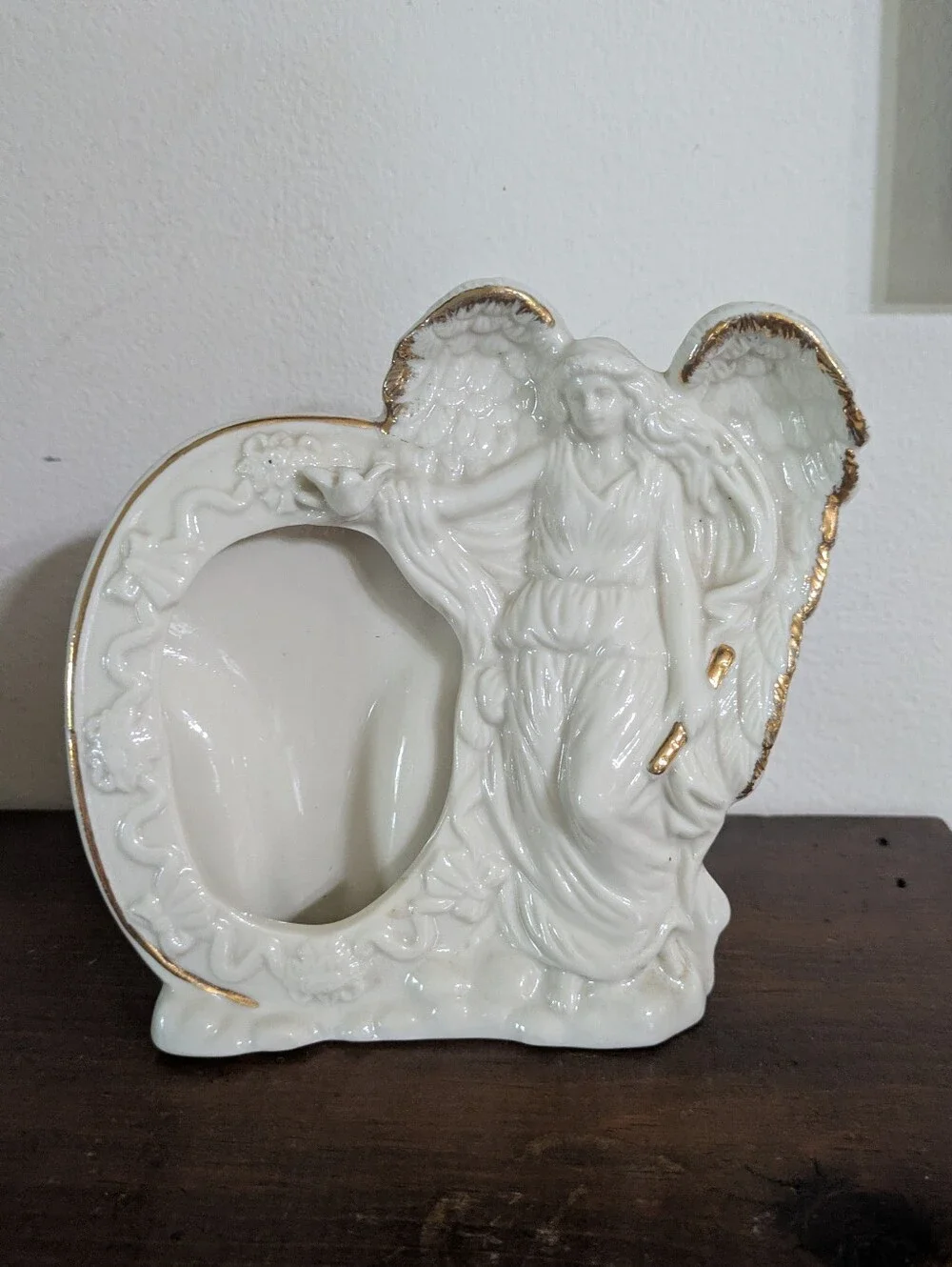 Vintage Porcelain Ceramic Angel Picture Frame - Ivory with Gold Trim Home Decor